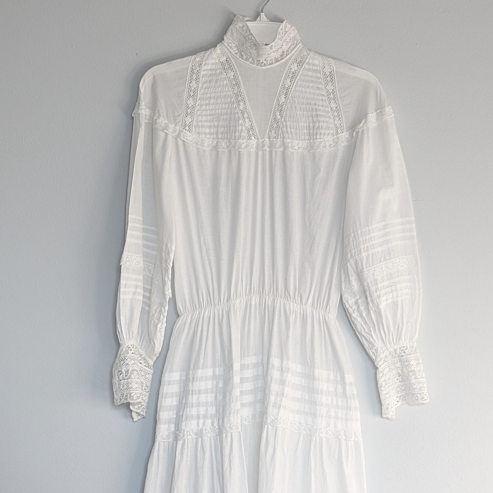 Atelier Mili Arango Edwardian Inspired White Lace Tea Length Gown Circa 1980